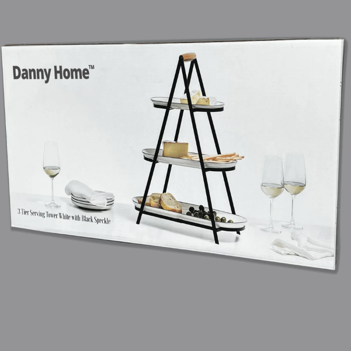 DANNY HOME – Présentoir De Service À 3 Niveaux Avec 3 Plateaux En Céramique, Bois D’Acacia Et Acier Inoxydable, 4 Pièces