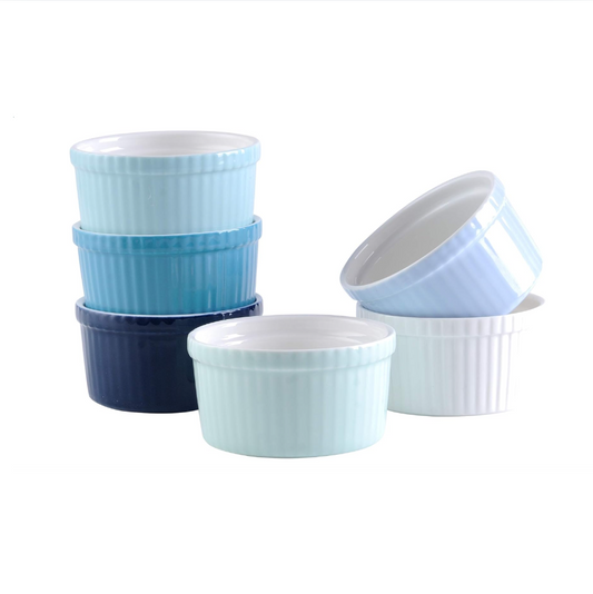 Set of 8 Blue and White Porcelain Ramekins for Soufflés