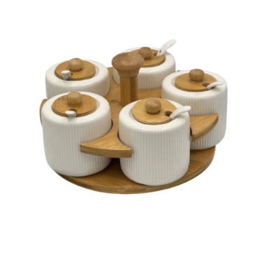 Ensemble de Pots à Épices Élégant – 5 Bocaux en Céramique avec Support Rotatif en Bambou