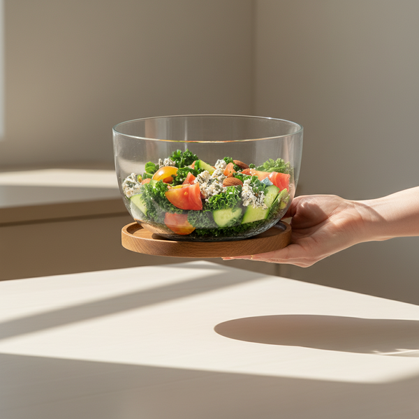 Ahşap tabanlı cam salata kasesi