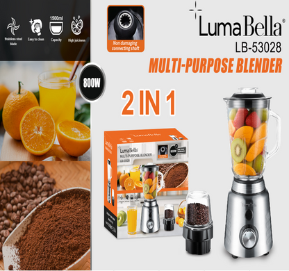 LumaBella LB-53028 – Blender Multifonction 2 en 1 – 800W – Bol 1.5L – Moulin à Café Inclus