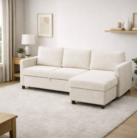 Angle moderne LORIN – Canapé & Lit – Velours Côtelé Beige Crème