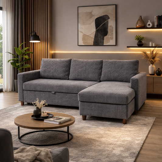 Angle moderne LORIN – Canapé & Lit – Velours Côtelé Gris Anthracite