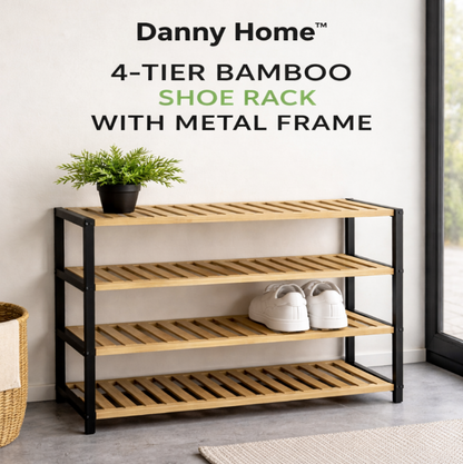 Danny Home Étagère à Chaussures 4 Niveaux en Bambou – Structure Métallique (61 x 30 x 64,5 cm)