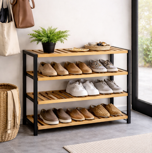 Danny Home Étagère à Chaussures 4 Niveaux en Bambou – Structure Métallique (61 x 30 x 64,5 cm)