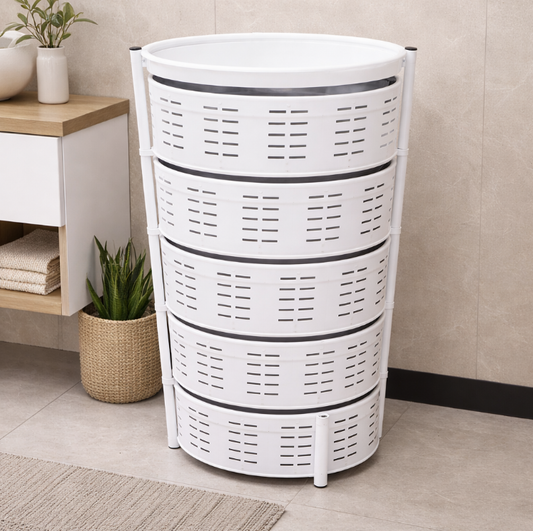 Meuble de Rangement 4 Niveaux avec Paniers – Organiseur Rond en Plastique (Blanc)