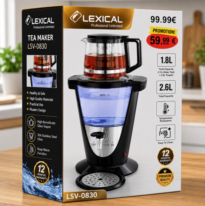 Lexical – Samovar Électrique 1500 W avec Théière en Verre (2,6 L + 1 L)