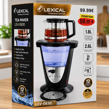 Lexical – Samovar Électrique 1500 W avec Théière en Verre (2,6 L + 1 L)