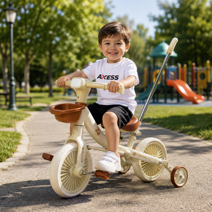 Tricycle Évolutif Enfant avec Canne Parentale et Panier – Beige