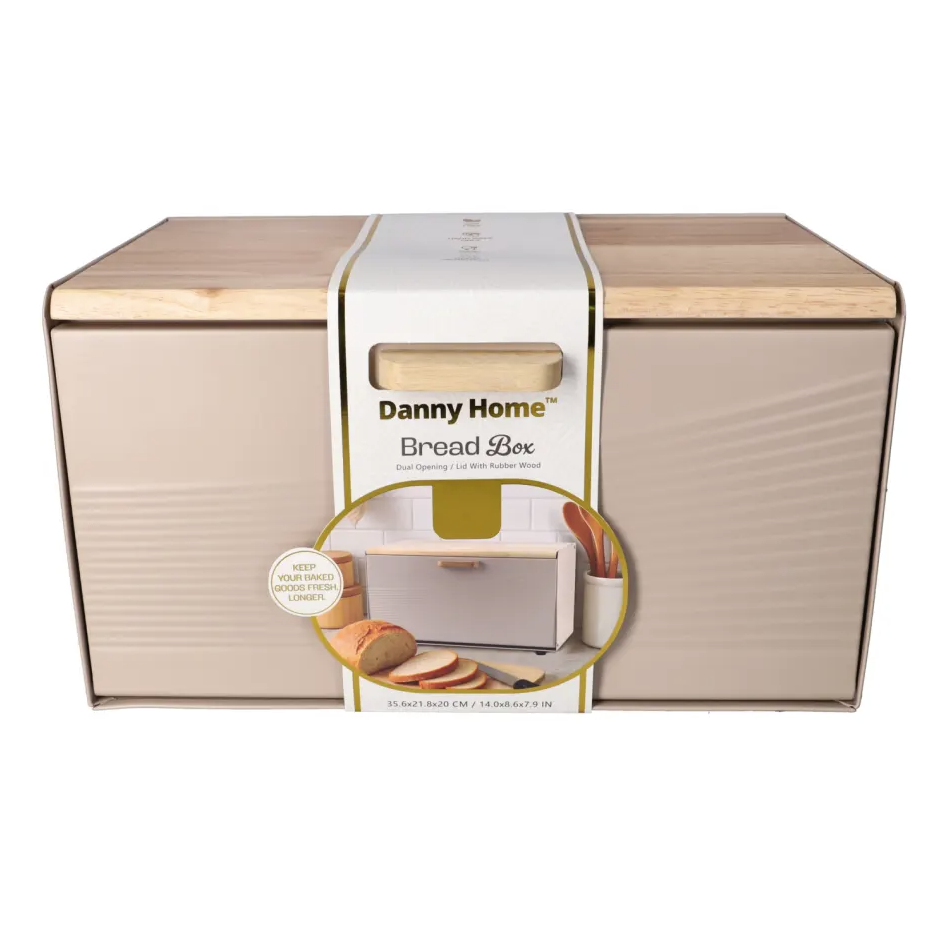 DANNY HOME – Boîte à Pain en Acier Inoxydable et Bois – 35,6 × 21,7 × 21 cm